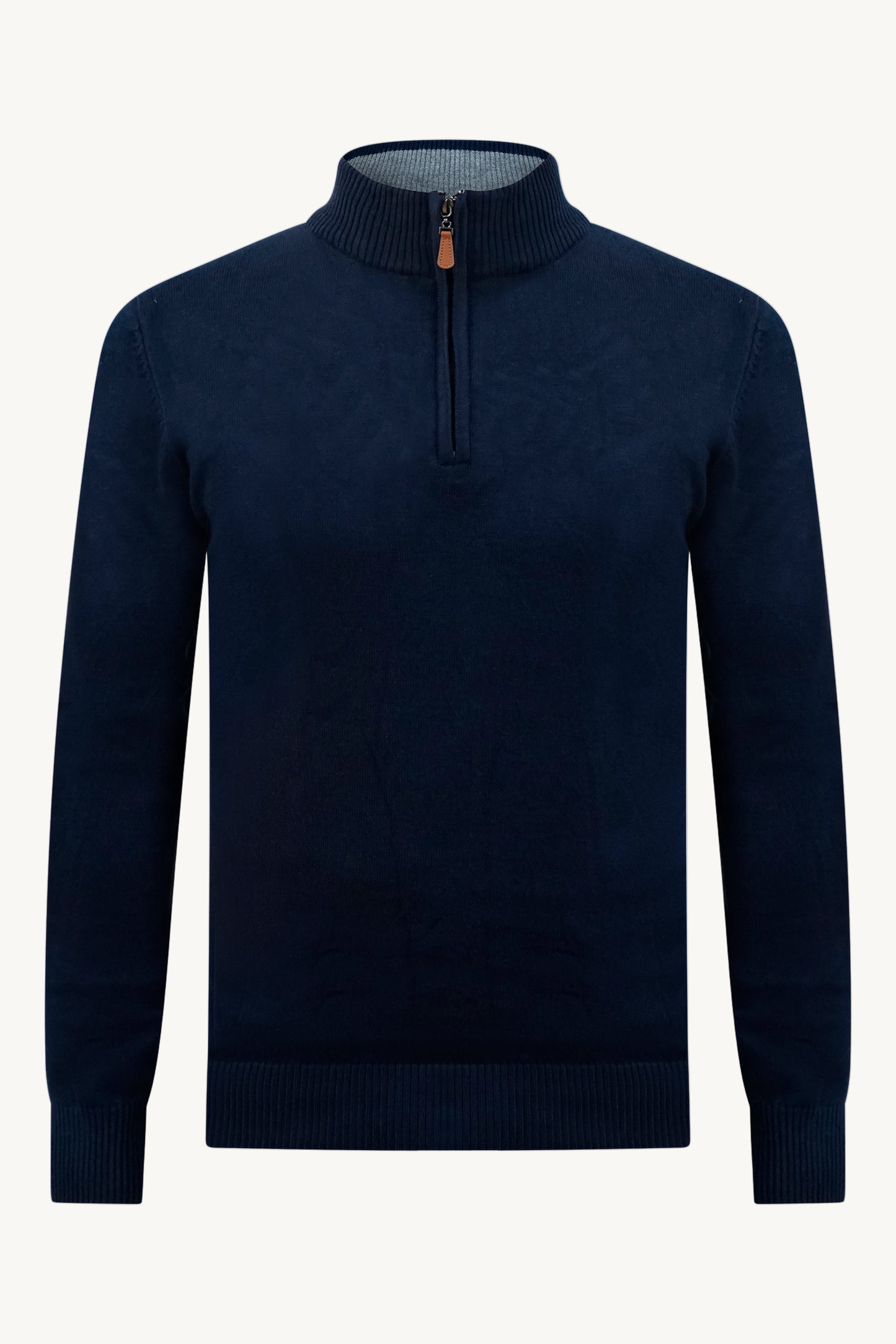 BLUE ZIP KNIT SWEATER – GREY COLLAR