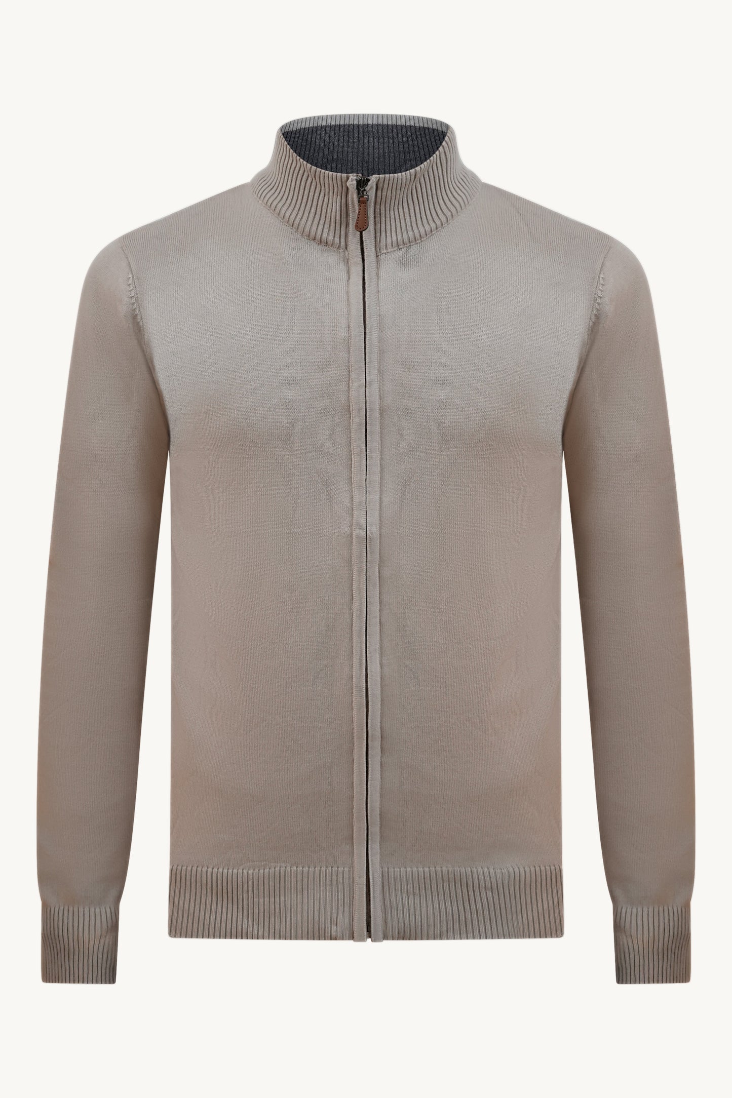 BEIGE ZIP KNIT VEST – BROWN COLLAR
