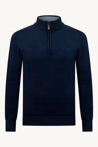 BLUE ZIP KNIT SWEATER – GREY COLLAR