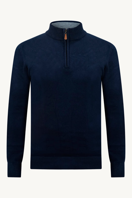 BLUE ZIP KNIT SWEATER – GREY COLLAR