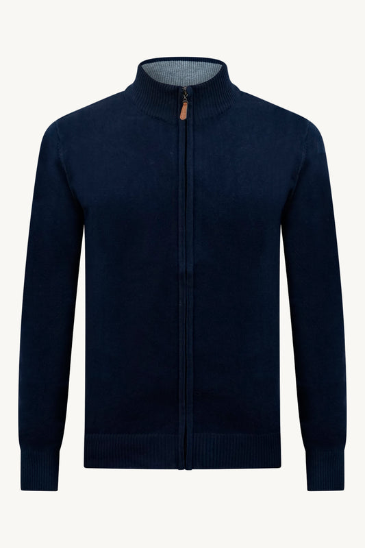 BLUE ZIP KNIT VEST – GREY COLLAR