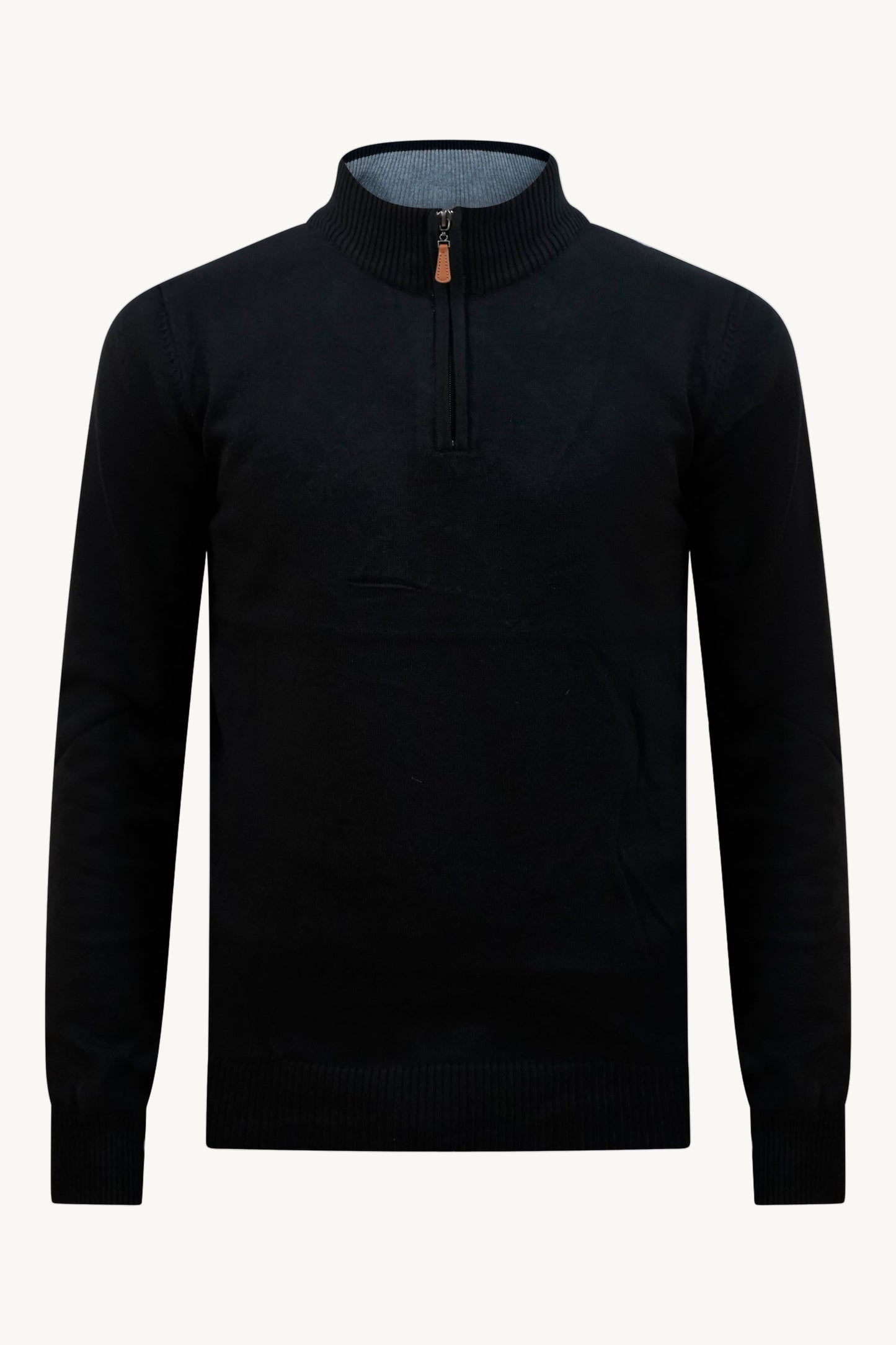 BLACK ZIP KNIT SWEATER – GREY COLLAR