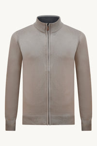 BEIGE ZIP KNIT VEST – BROWN COLLAR