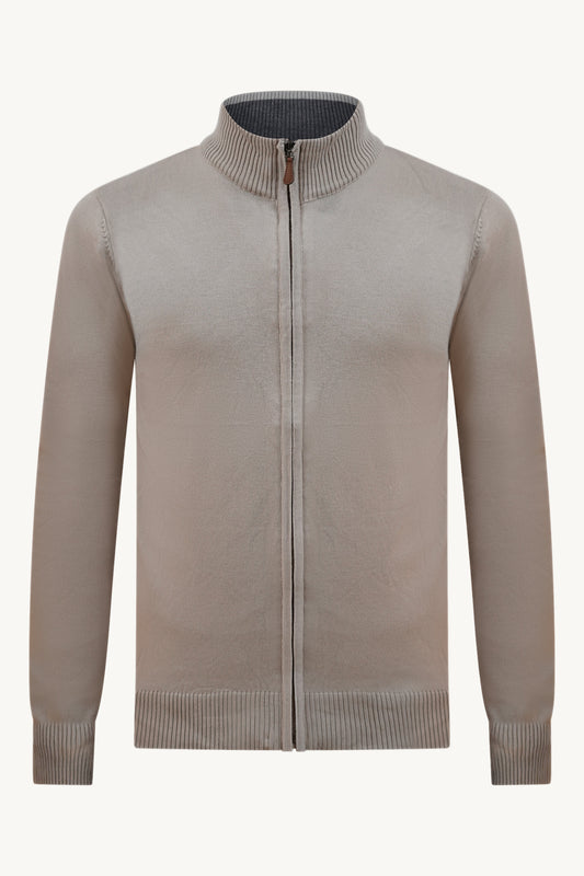 BEIGE ZIP KNIT VEST – BROWN COLLAR
