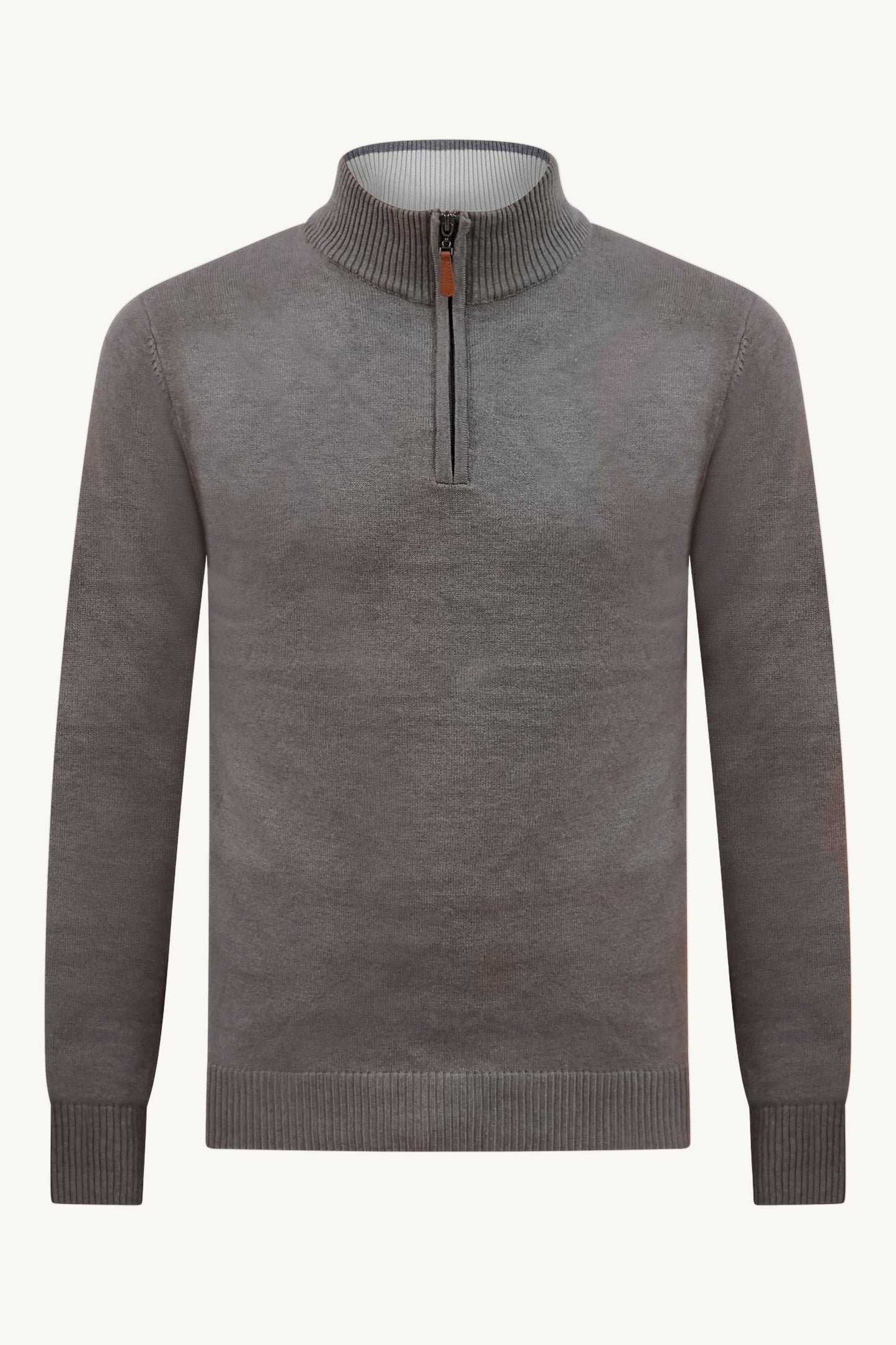 BROWN ZIP KNIT SWEATER – BEIGE COLLAR