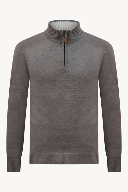 BROWN ZIP KNIT SWEATER – BEIGE COLLAR