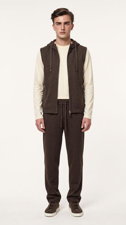 WOOL CASHMERE TEXTURED HOODED GILET BROWN