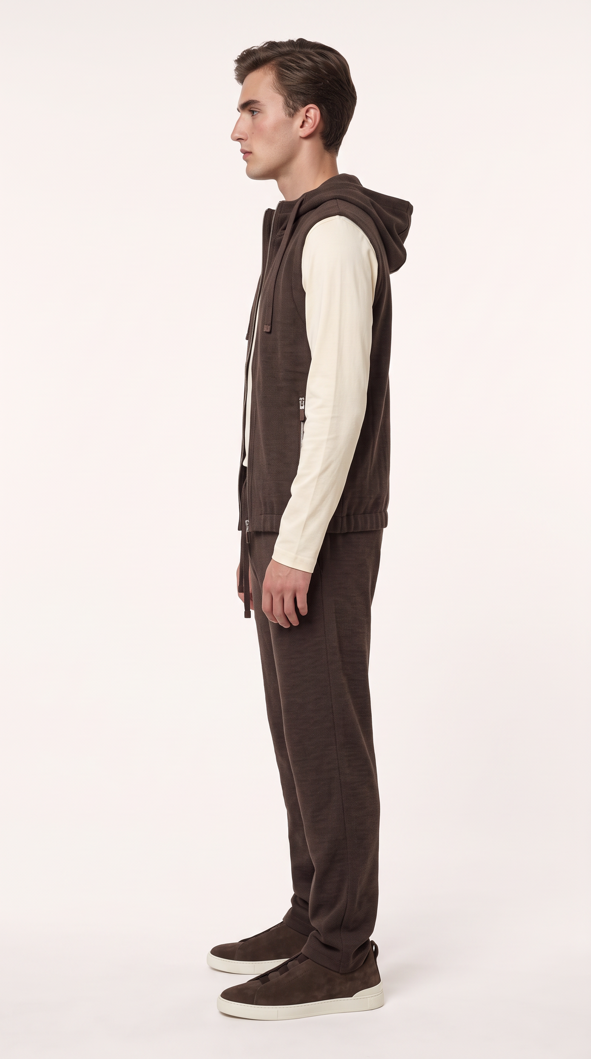 WOOL CASHMERE TEXTURED HOODED GILET BROWN